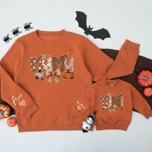 Mama Mini Fall Sweatshirts Cozy Autumn Matching Outfits with Pumpkin Bow Design for Mommy and Me