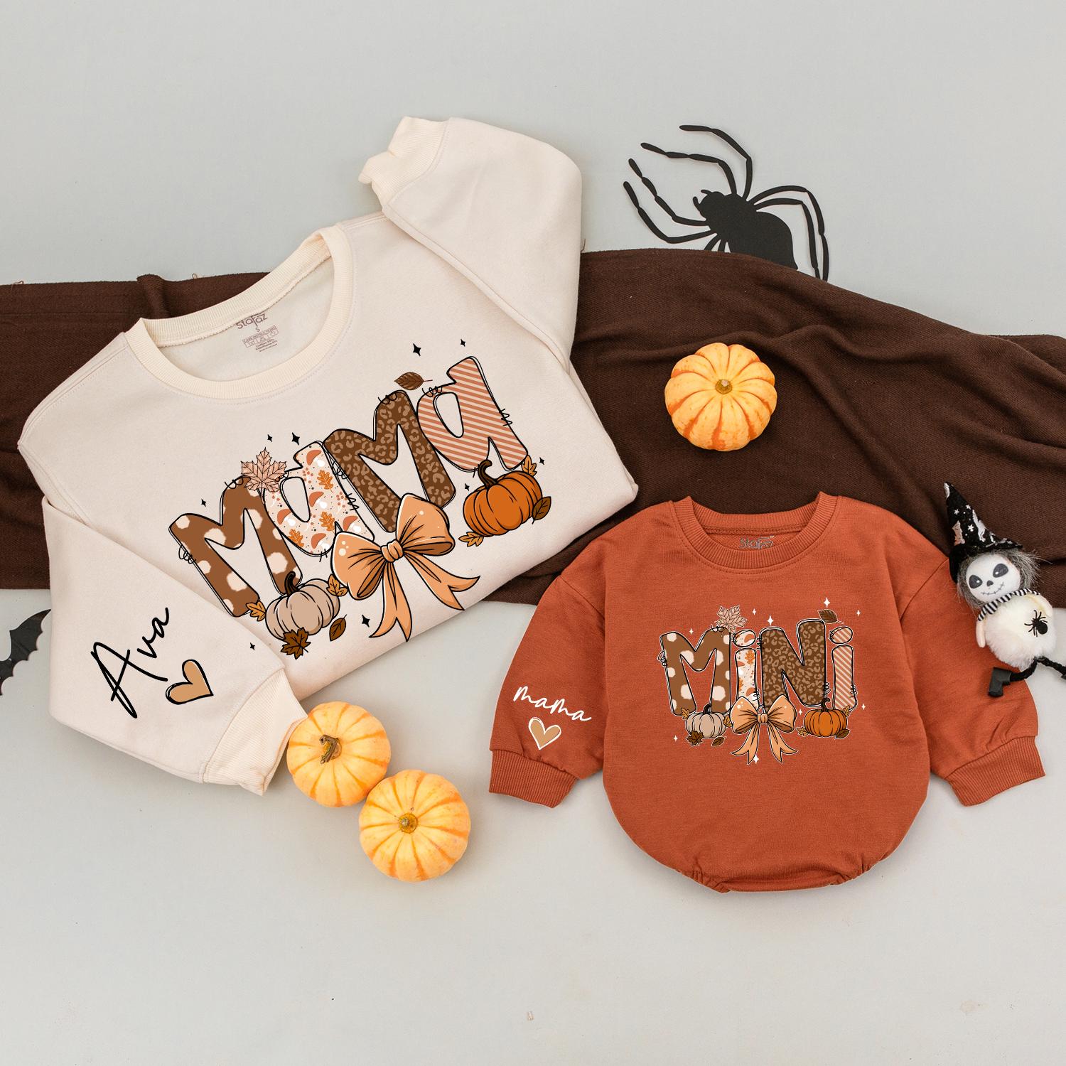 Mama Mini Fall Sweatshirts Cozy Autumn Matching Outfits with Pumpkin Bow Design for Mommy and Me