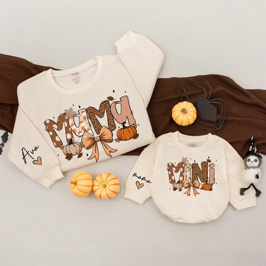 Mama Mini Fall Sweatshirts Cozy Autumn Matching Outfits with Pumpkin Bow Design for Mommy and Me