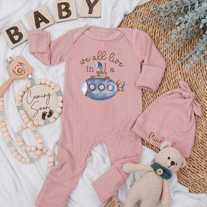 We All Live in a Submarine Baby Bodysuit Under The Sea Ocean Adventure Newborn Romper Baby Boy Clothes Whimsical Blue Brown Design