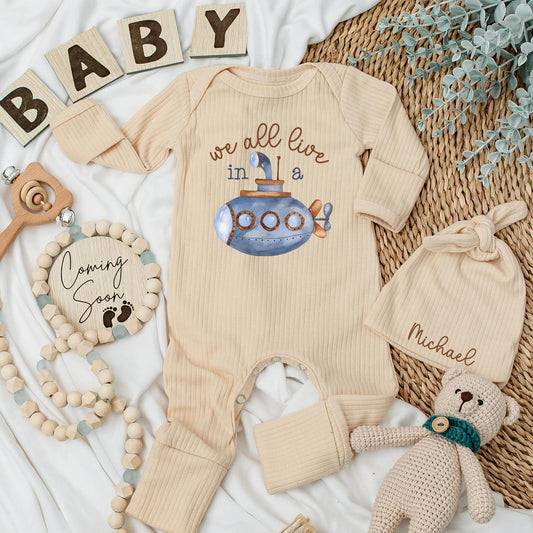 We All Live in a Submarine Baby Bodysuit Under The Sea Ocean Adventure Newborn Romper Baby Boy Clothes Whimsical Blue Brown Design