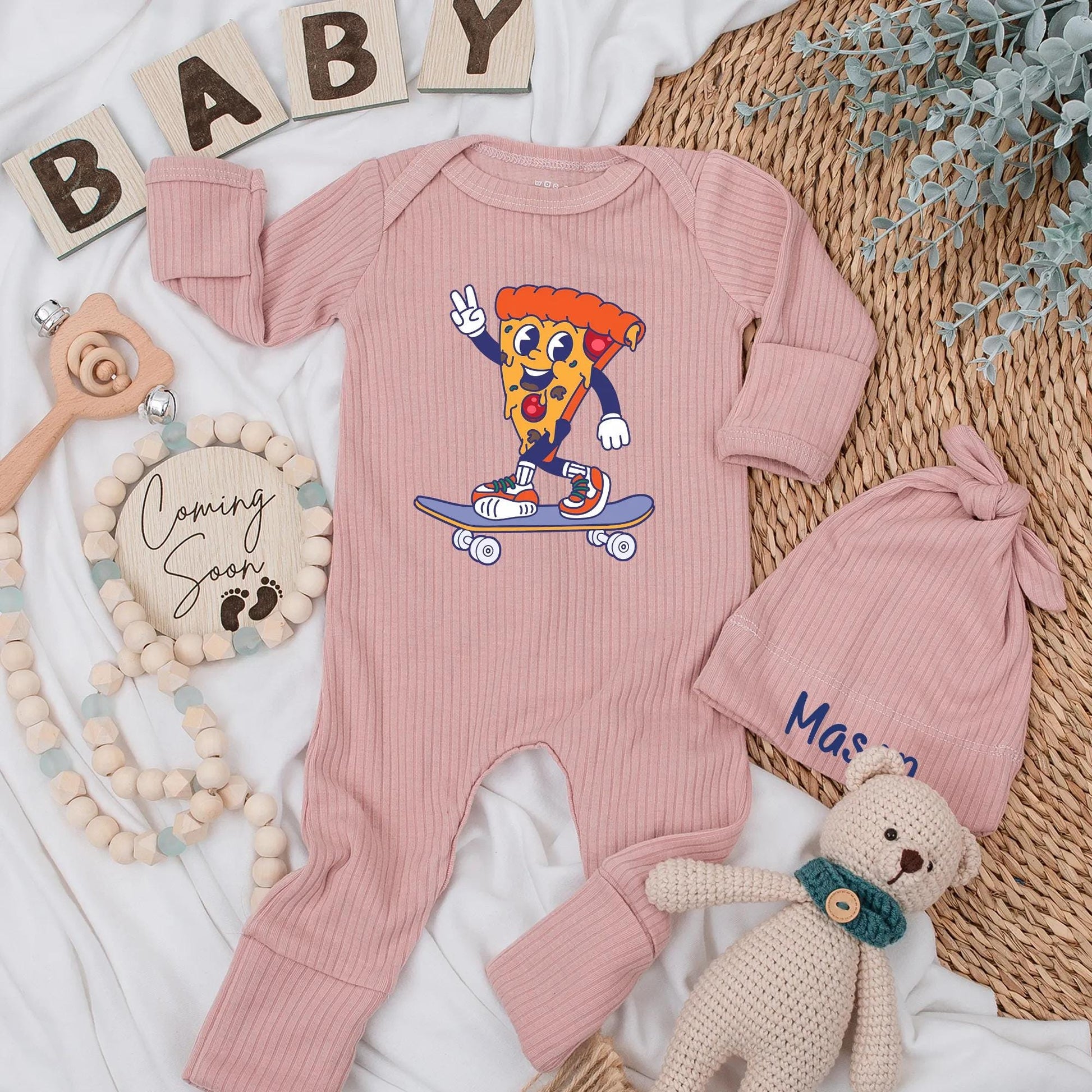 Pizza Skateboard Baby Bodysuit, Funny Food Newborn Outfit, Cool Skater Boy Clothes, Retro Pizza Slice Design, Baby Shower Gift for Pizza Lover (139 chars)