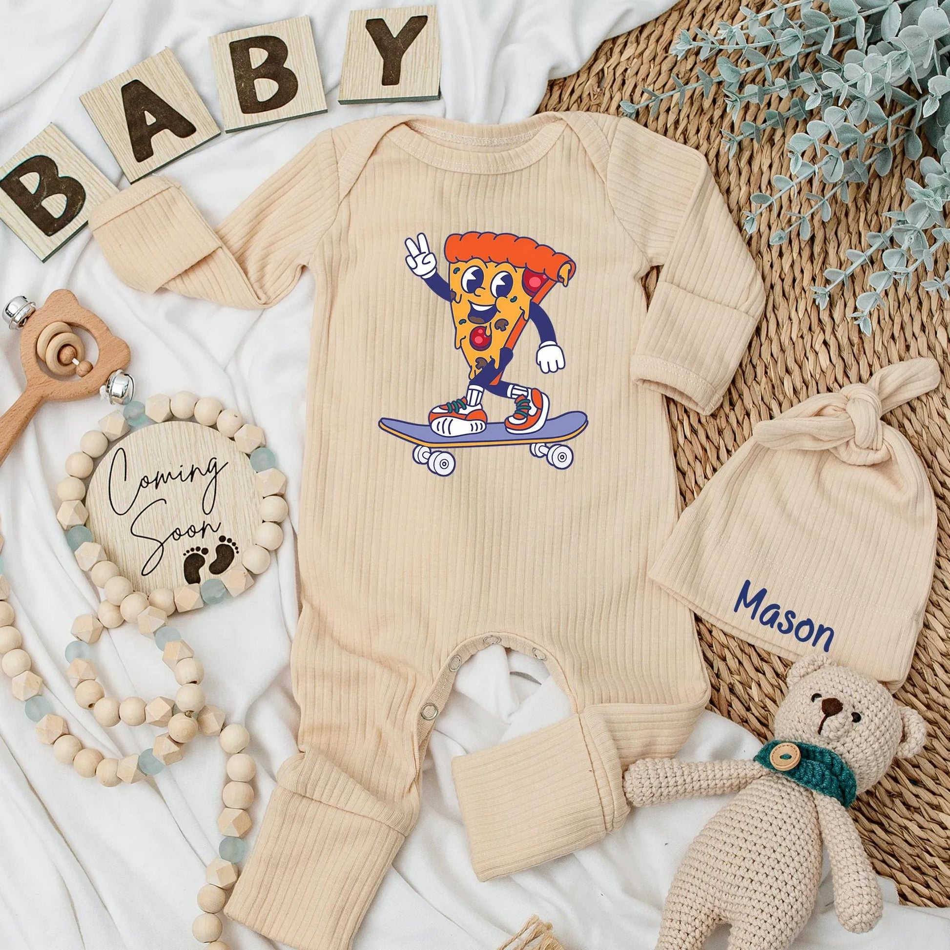 Pizza Skateboard Baby Bodysuit, Funny Food Newborn Outfit, Cool Skater Boy Clothes, Retro Pizza Slice Design, Baby Shower Gift for Pizza Lover (139 chars)