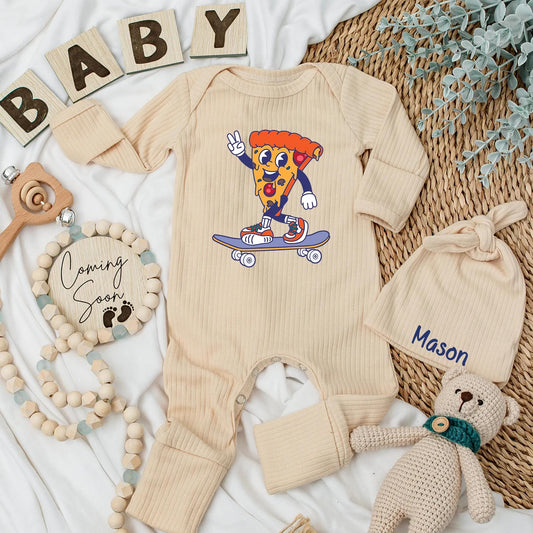 Pizza Skateboard Baby Bodysuit, Funny Food Newborn Outfit, Cool Skater Boy Clothes, Retro Pizza Slice Design, Baby Shower Gift for Pizza Lover (139 chars)