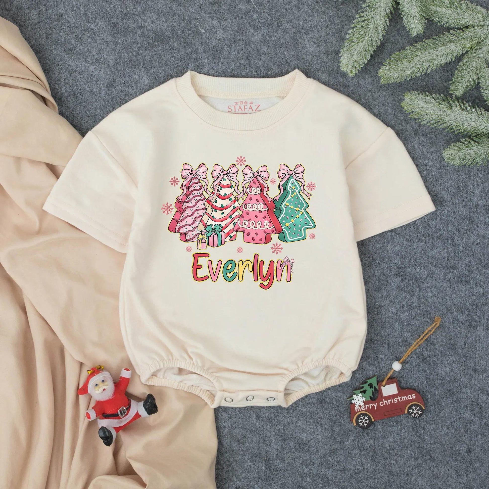 Everlyn's First Christmas Romper: Baby Girl Pink Christmas Tree Outfit, Festive Holiday Bubble Romper, Cute Personalized Xmas Gift, Polka Dot Sleeper 139