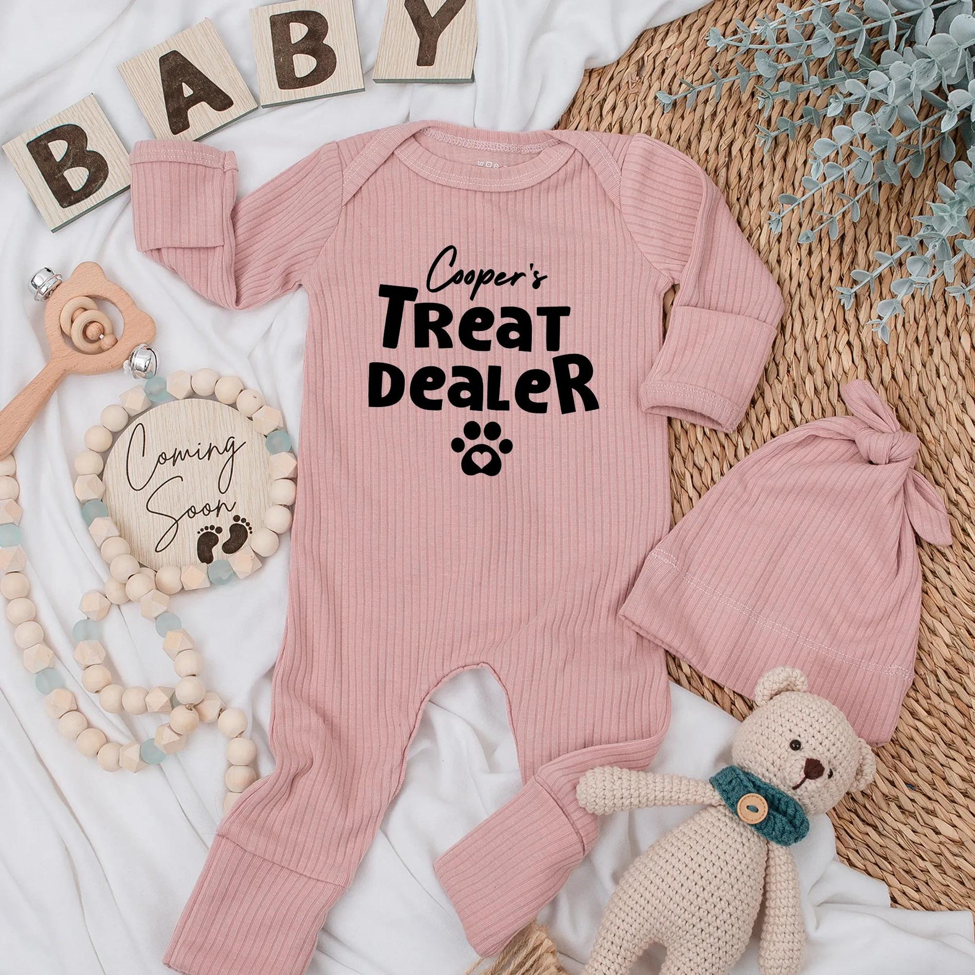Cooper's Treat Dealer Baby Bodysuit, Funny Dog Lover Outfit, Paw Print Newborn Clothes, Personalized Gift for Pet Lovers, Treat Dealer, 134 chars