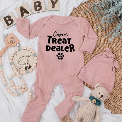 Cooper's Treat Dealer Baby Bodysuit, Funny Dog Lover Outfit, Paw Print Newborn Clothes, Personalized Gift for Pet Lovers, Treat Dealer, 134 chars