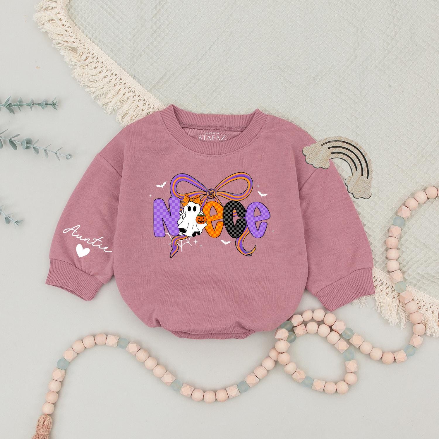 Custom Name Auntie Niece Matching Halloween Sweatshirts Spooky Ghost Pumpkin Bow Colorful Checkered Bats Stars Web Family Cozy Outfit