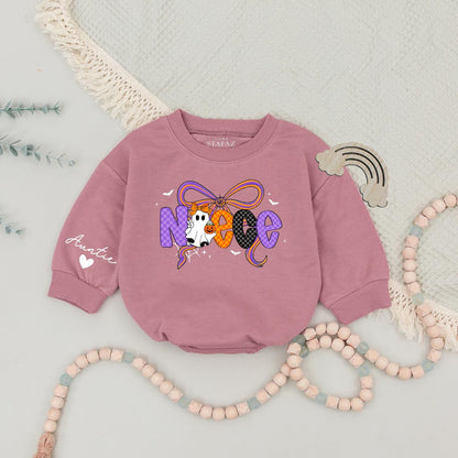 Custom Name Auntie Niece Matching Halloween Sweatshirts Spooky Ghost Pumpkin Bow Colorful Checkered Bats Stars Web Family Cozy Outfit