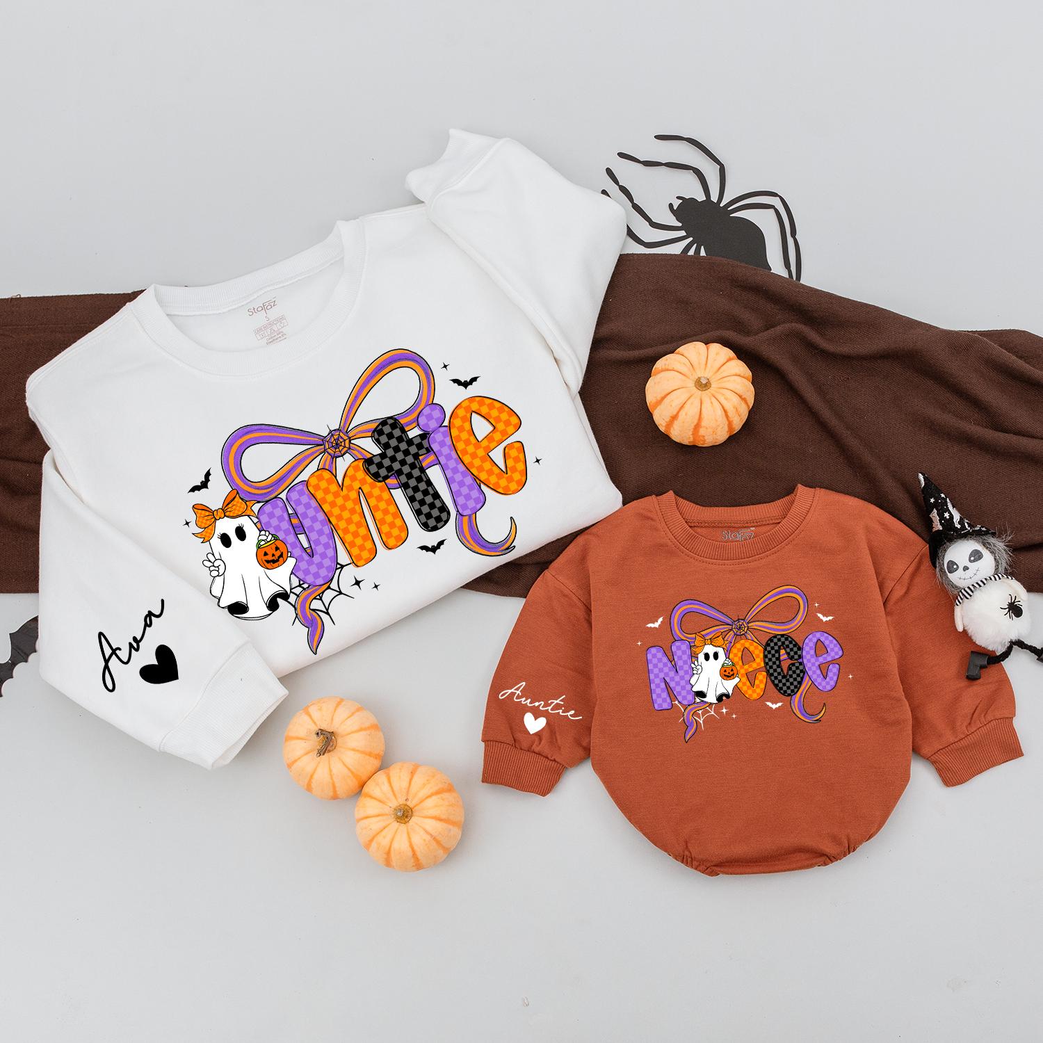 Custom Name Auntie Niece Matching Halloween Sweatshirts Spooky Ghost Pumpkin Bow Colorful Checkered Bats Stars Web Family Cozy Outfit