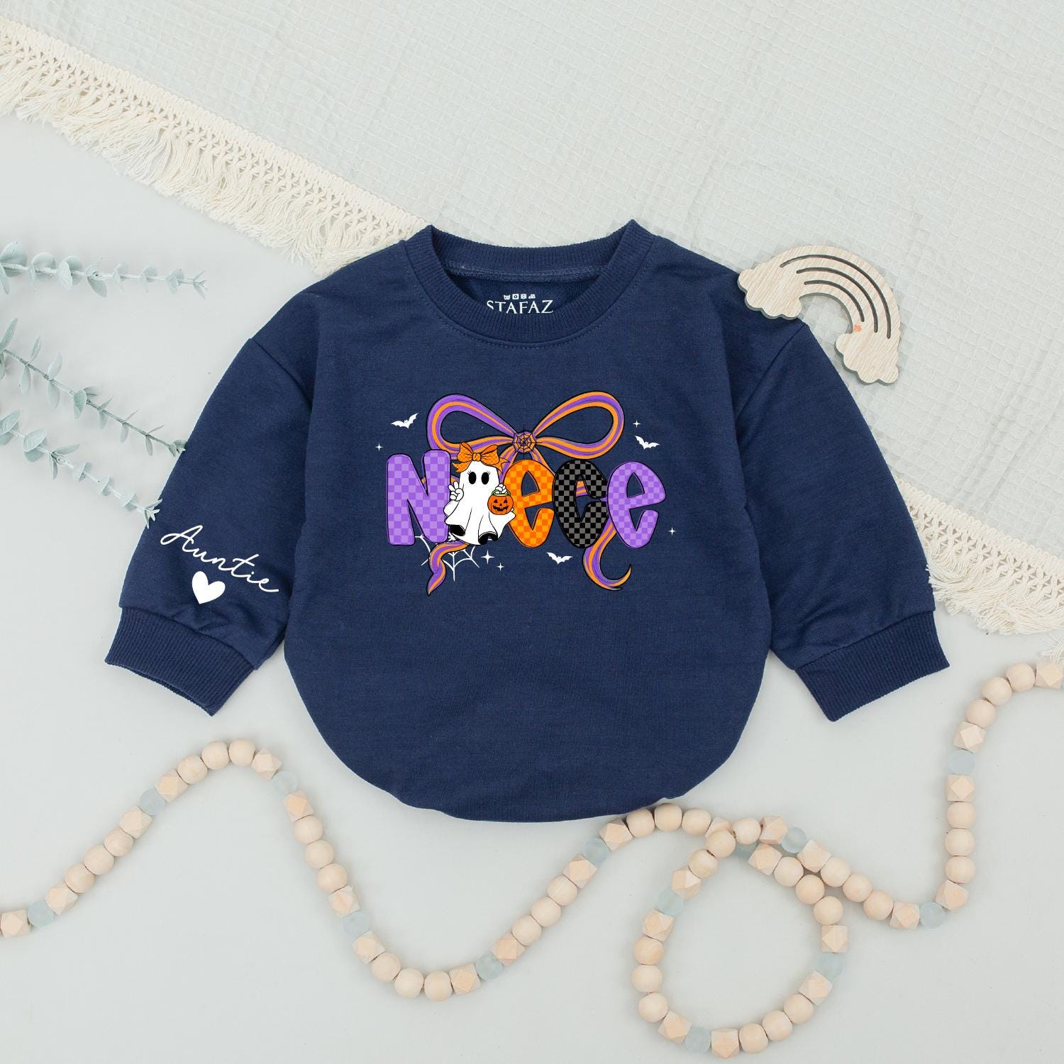 Custom Name Auntie Niece Matching Halloween Sweatshirts Spooky Ghost Pumpkin Bow Colorful Checkered Bats Stars Web Family Cozy Outfit