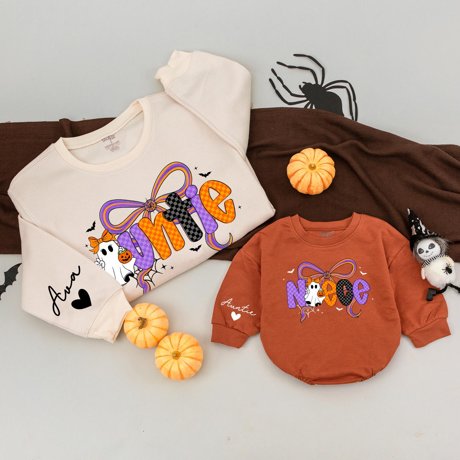 Custom Name Auntie Niece Matching Halloween Sweatshirts Spooky Ghost Pumpkin Bow Colorful Checkered Bats Stars Web Family Cozy Outfit