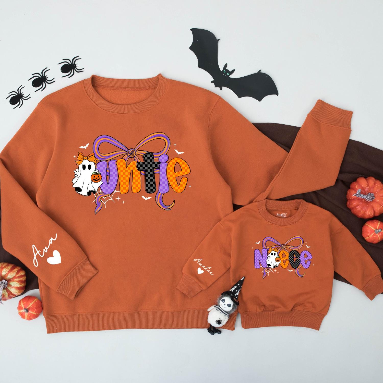 Custom Name Auntie Niece Matching Halloween Sweatshirts Spooky Ghost Pumpkin Bow Colorful Checkered Bats Stars Web Family Cozy Outfit