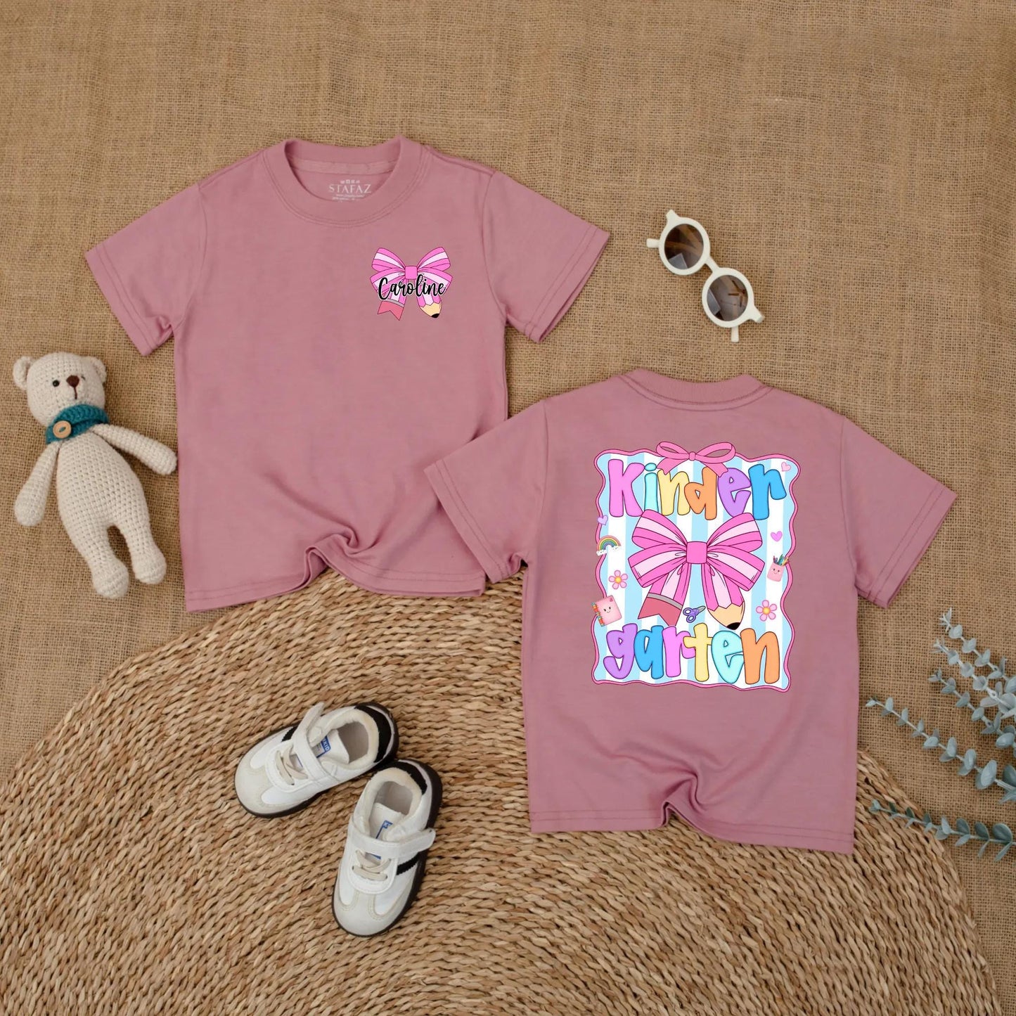 Cute Caroline Kindergarten Shirt Personalized Pink Pencil Bow Toddler Back To School Girls First Day Outfit