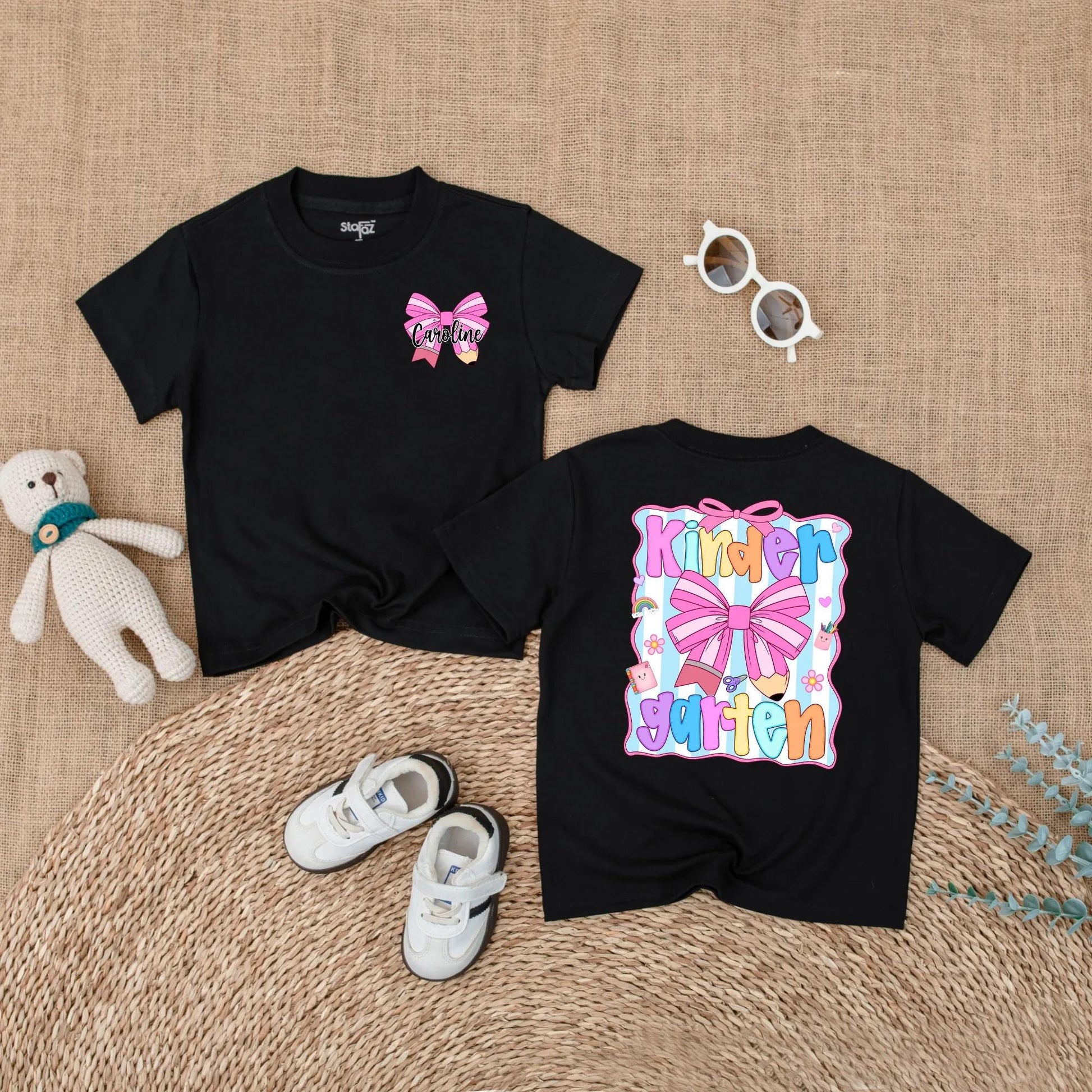 Cute Caroline Kindergarten Shirt Personalized Pink Pencil Bow Toddler Back To School Girls First Day Outfit