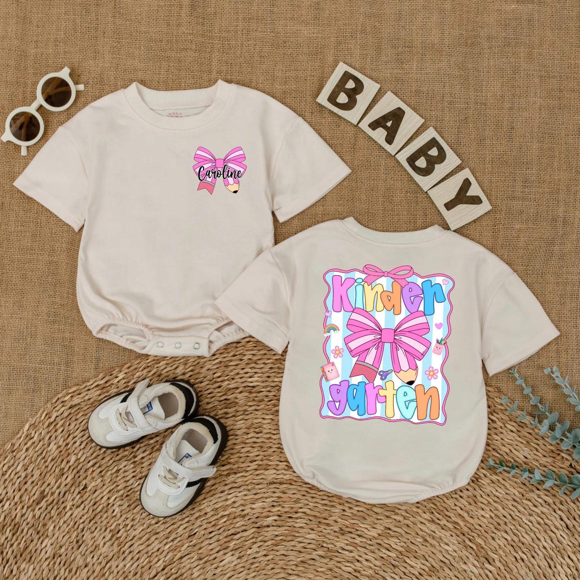 Cute Caroline Kindergarten Shirt Personalized Pink Pencil Bow Toddler Back To School Girls First Day Outfit