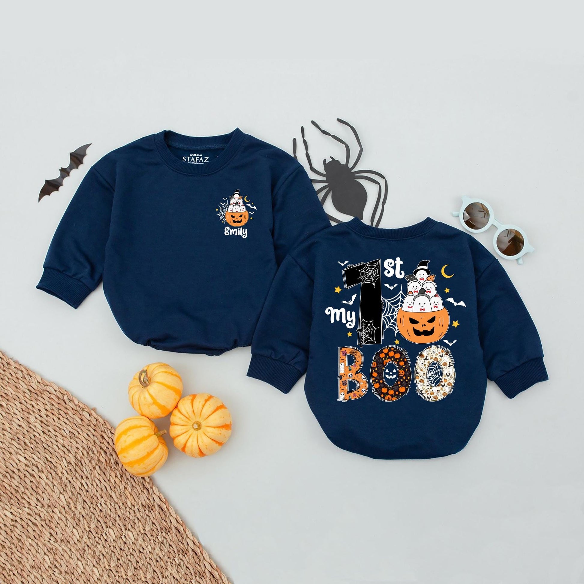 My 1st BOO Halloween Baby Romper Outfit, Personalized Emily Pumpkin Ghost Design, First Halloween Baby Clothes, Fall Newborn Gift