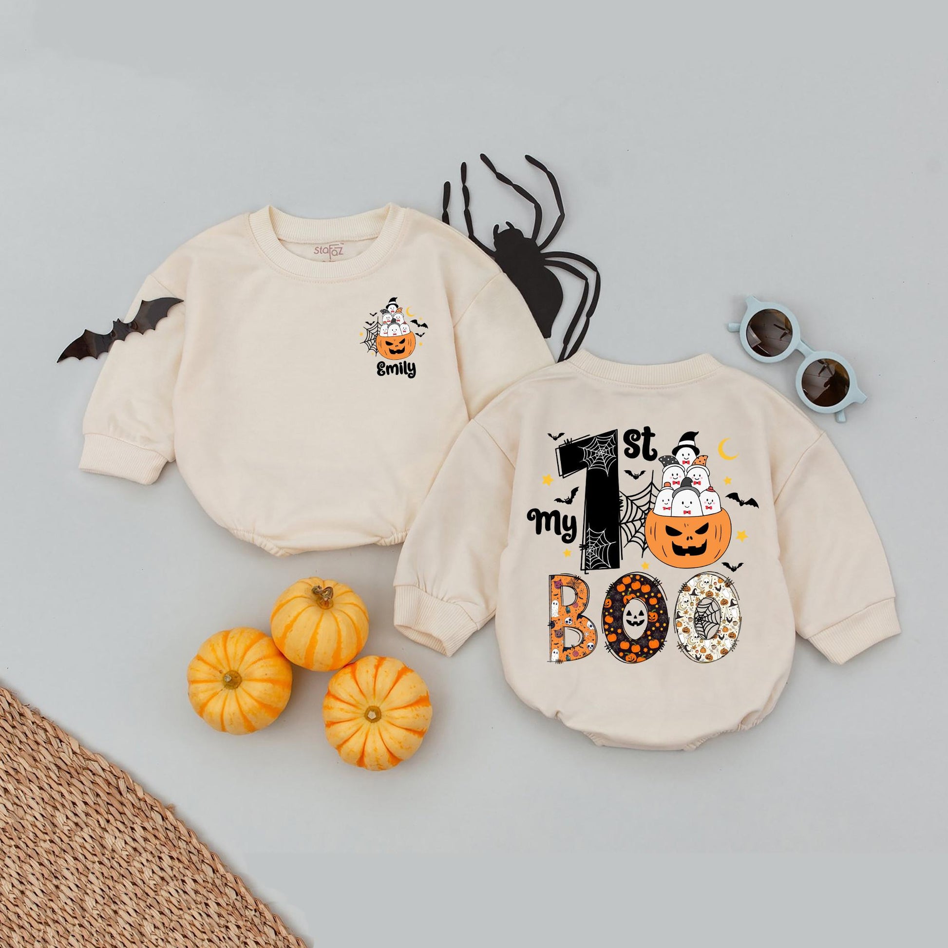 My 1st BOO Halloween Baby Romper Outfit, Personalized Emily Pumpkin Ghost Design, First Halloween Baby Clothes, Fall Newborn Gift
