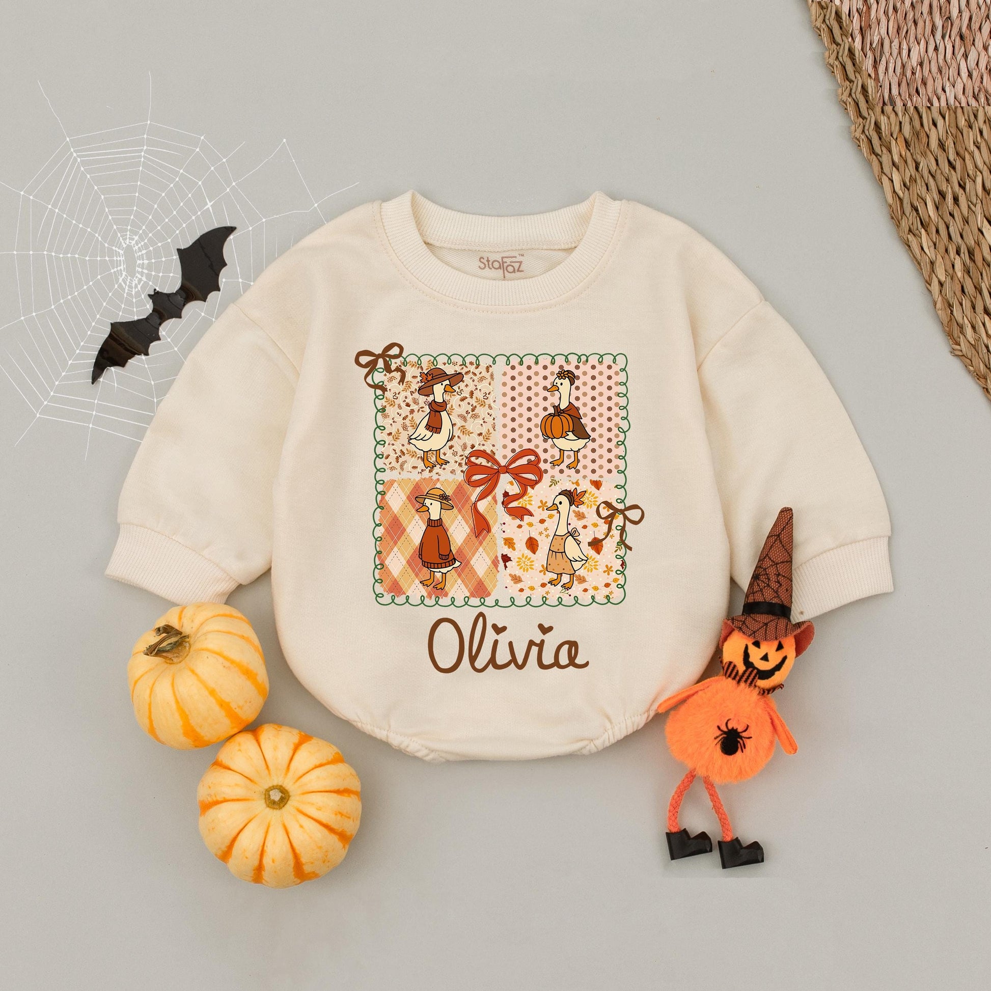 Olivia's Cozy Fall Geese Baby Romper: Pumpkin Spice & Autumn Fun! Halloween Outfit for Baby Girl, Cute Goose Design Fall Clothes