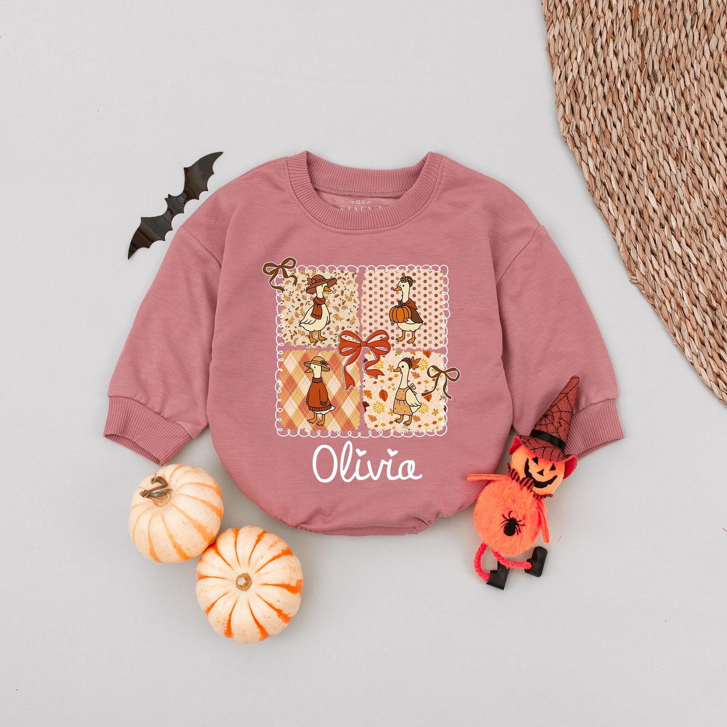 Olivia's Cozy Fall Geese Baby Romper: Pumpkin Spice & Autumn Fun! Halloween Outfit for Baby Girl, Cute Goose Design Fall Clothes