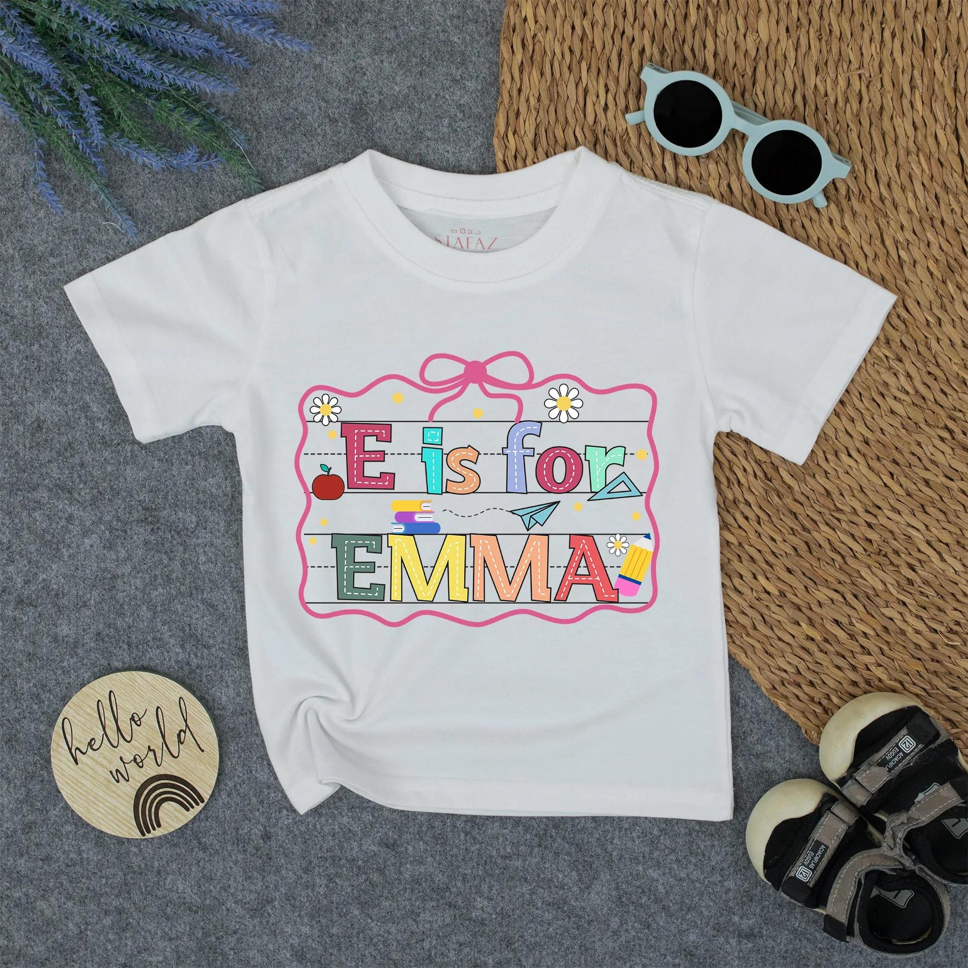 Personalized E is for Emma Back to School Shirt, Colorful Alphabet Name Tee for Kids, Cute Kindergarten Outfit, First Day, School Pencil Apple Design