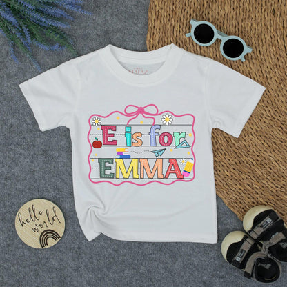 Personalized E is for Emma Back to School Shirt, Colorful Alphabet Name Tee for Kids, Cute Kindergarten Outfit, First Day, School Pencil Apple Design