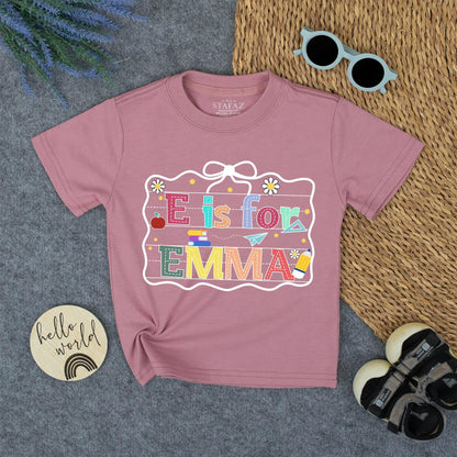 Personalized E is for Emma Back to School Shirt, Colorful Alphabet Name Tee for Kids, Cute Kindergarten Outfit, First Day, School Pencil Apple Design