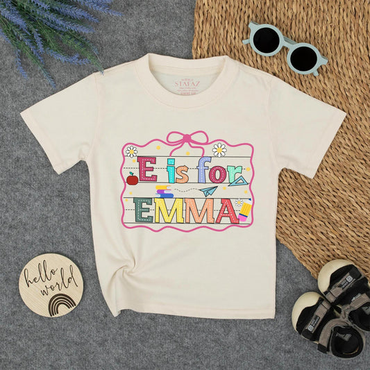 Personalized E is for Emma Back to School Shirt, Colorful Alphabet Name Tee for Kids, Cute Kindergarten Outfit, First Day, School Pencil Apple Design