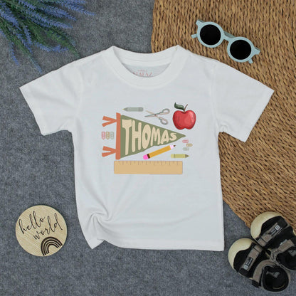 Thomas Personalized "Back to School" Toddler Shirt Custom Name Pennant & School Supplies Vintage Boy Name Tee