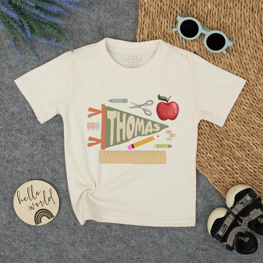 Thomas Personalized "Back to School" Toddler Shirt Custom Name Pennant & School Supplies Vintage Boy Name Tee