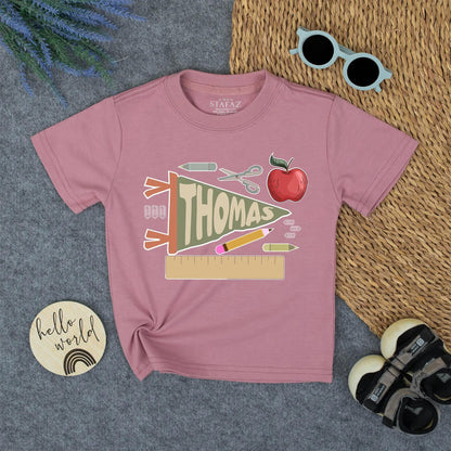 Thomas Personalized "Back to School" Toddler Shirt Custom Name Pennant & School Supplies Vintage Boy Name Tee