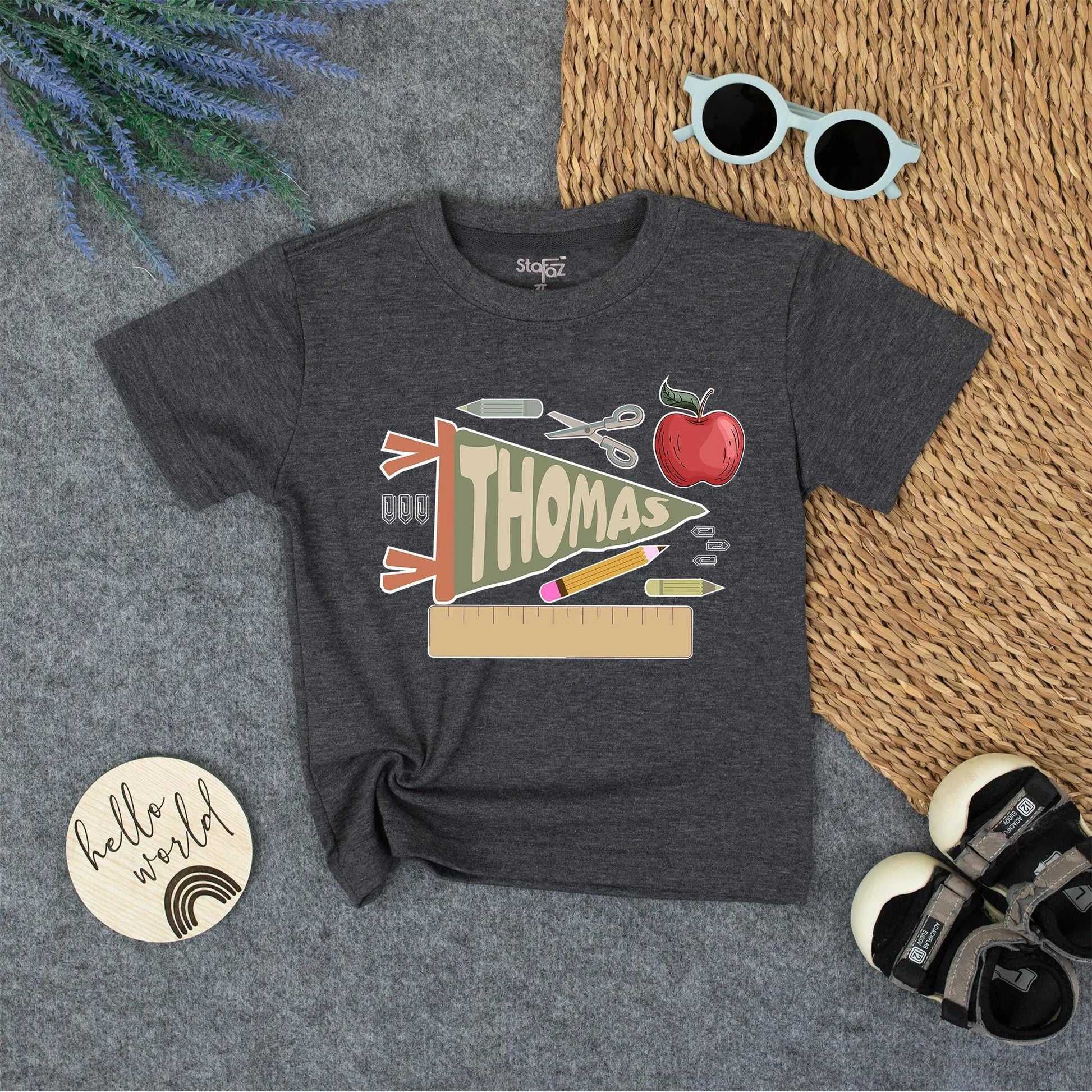 Thomas Personalized "Back to School" Toddler Shirt Custom Name Pennant & School Supplies Vintage Boy Name Tee