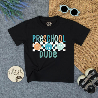 Preschool Dude Retro Tee - Back to School Natural Toddler Shirt with Smiley Faces and Stars, Cute First Day of School Outfit for Boys 134