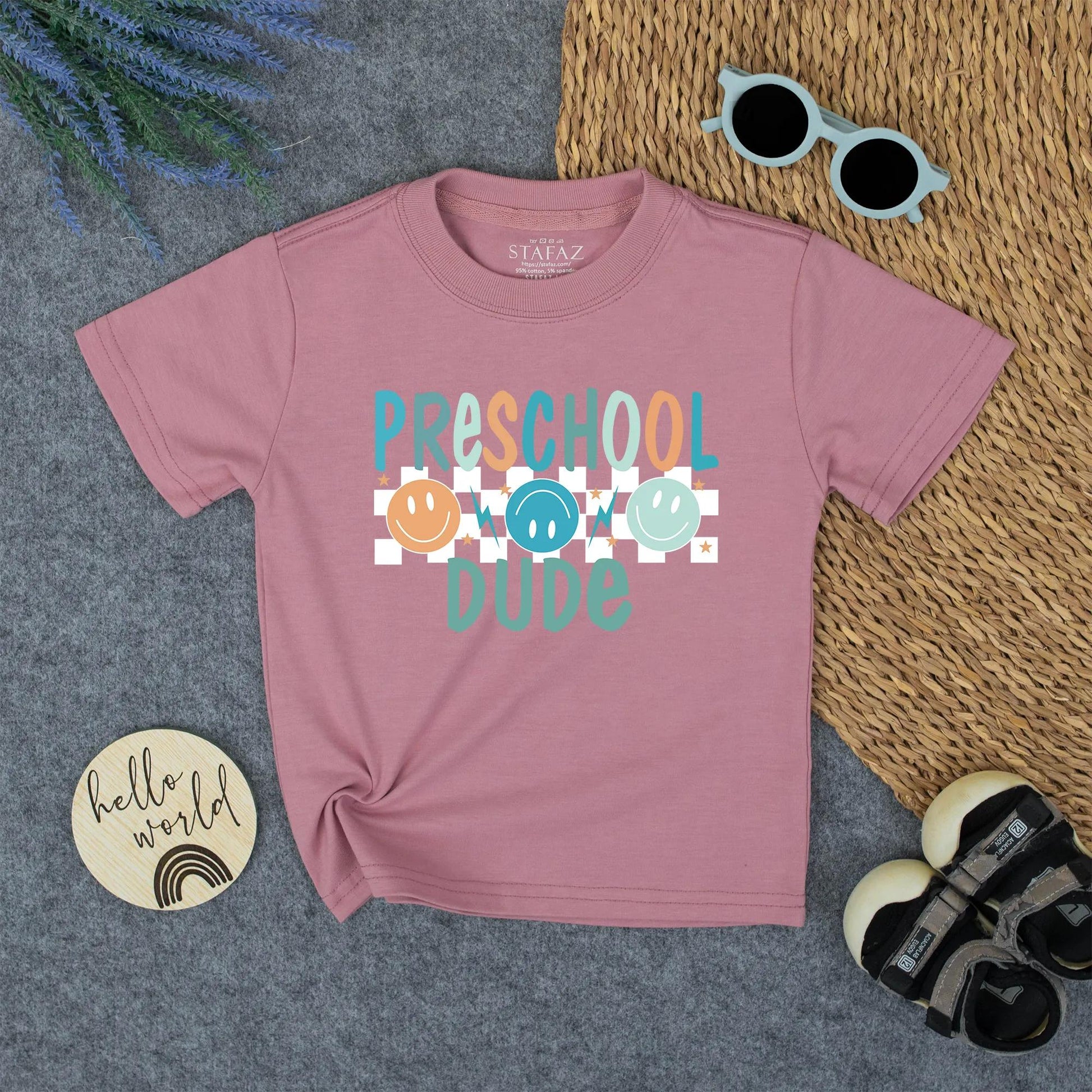 Preschool Dude Retro Tee - Back to School Natural Toddler Shirt with Smiley Faces and Stars, Cute First Day of School Outfit for Boys 134