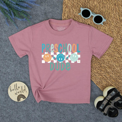 Preschool Dude Retro Tee - Back to School Natural Toddler Shirt with Smiley Faces and Stars, Cute First Day of School Outfit for Boys 134