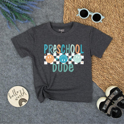 Preschool Dude Retro Tee - Back to School Natural Toddler Shirt with Smiley Faces and Stars, Cute First Day of School Outfit for Boys 134