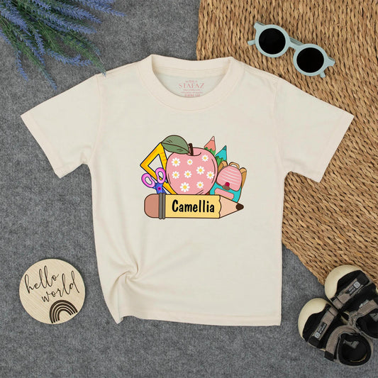 Cute Cartoon Back to School Shirt Personalized with Camellia Pencil Design First Day of School Kindergarten Toddler Youth