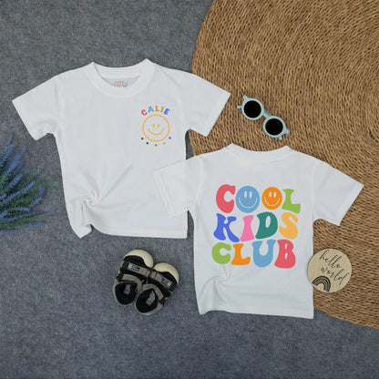 Retro Cool Kids Club Tee Personalized Calie Smiley Dot Shirt for Toddlers Fun Back to School Colorful Matching Family Outfit