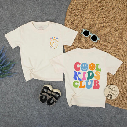 Retro Cool Kids Club Tee Personalized Calie Smiley Dot Shirt for Toddlers Fun Back to School Colorful Matching Family Outfit