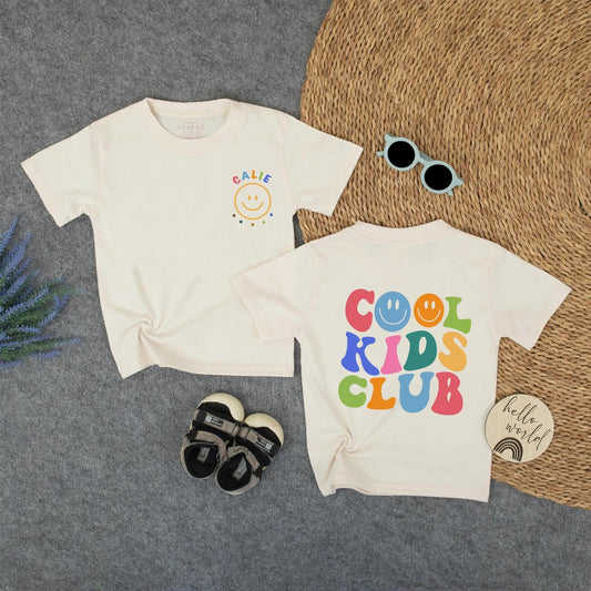 Retro Cool Kids Club Tee Personalized Calie Smiley Dot Shirt for Toddlers Fun Back to School Colorful Matching Family Outfit
