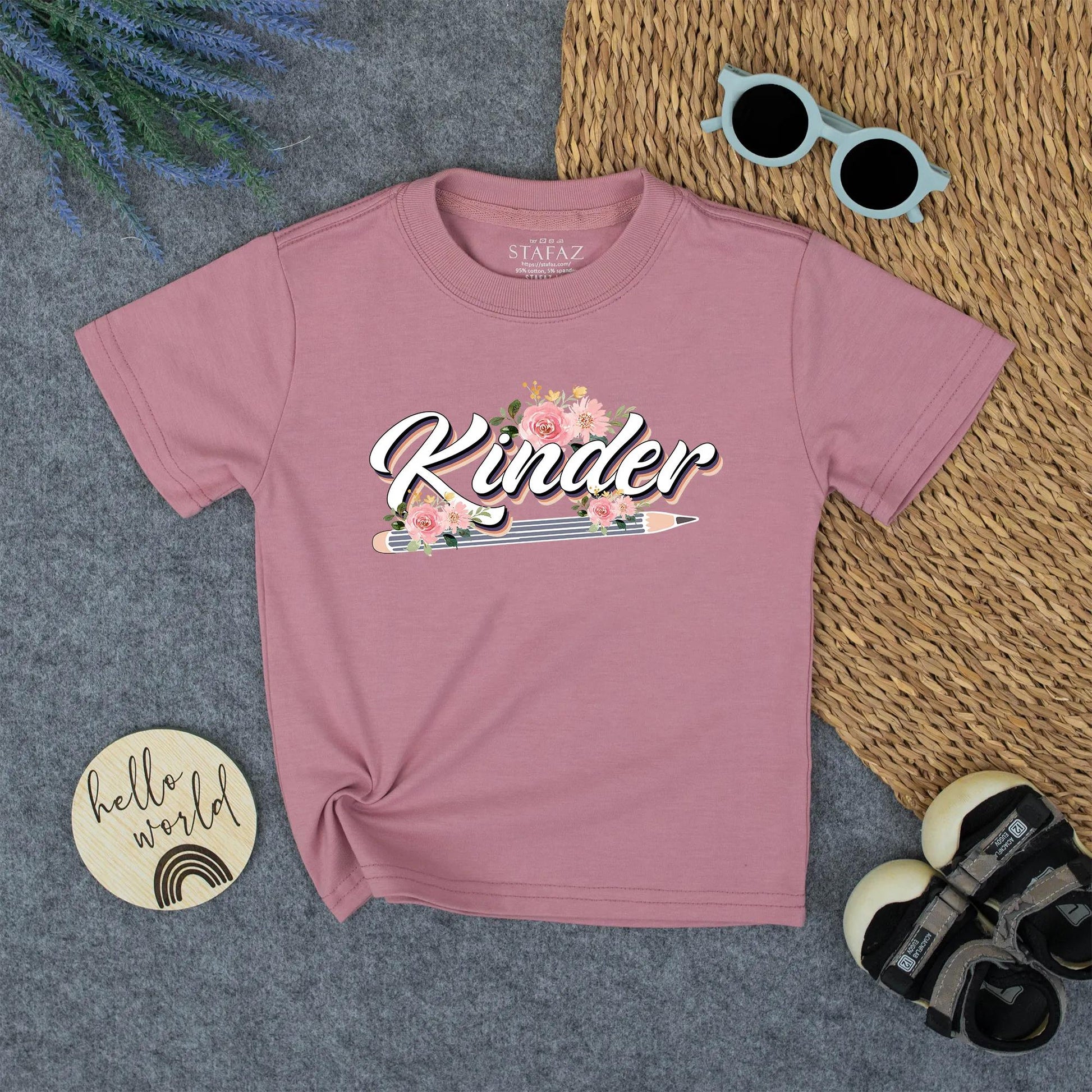 Whimsical Kinder Back to School Boys Shirt for Kindergarten Pre-K First Grade with Blue Pencil & Pink Roses Floral Design Soft Cotton Tee