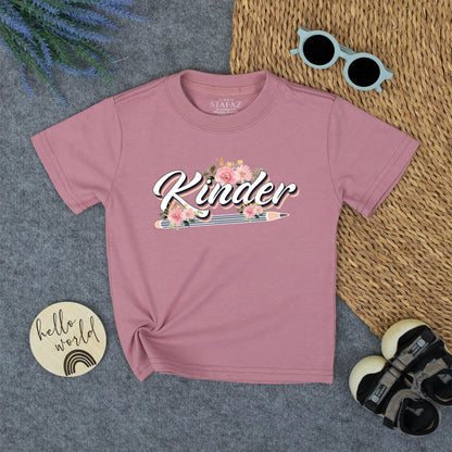 Whimsical Kinder Back to School Boys Shirt for Kindergarten Pre-K First Grade with Blue Pencil & Pink Roses Floral Design Soft Cotton Tee