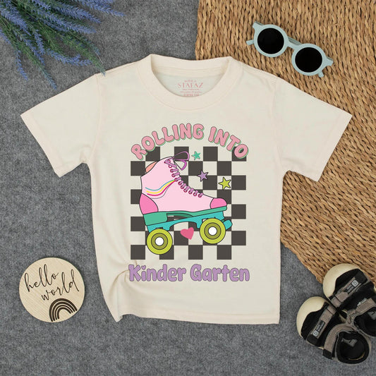 Rolling Into Kindergarten Girl Shirt Retro Roller Skate Tee Toddler Outfit First Day of School Pink Teal Rainbow Stripes 140 chars