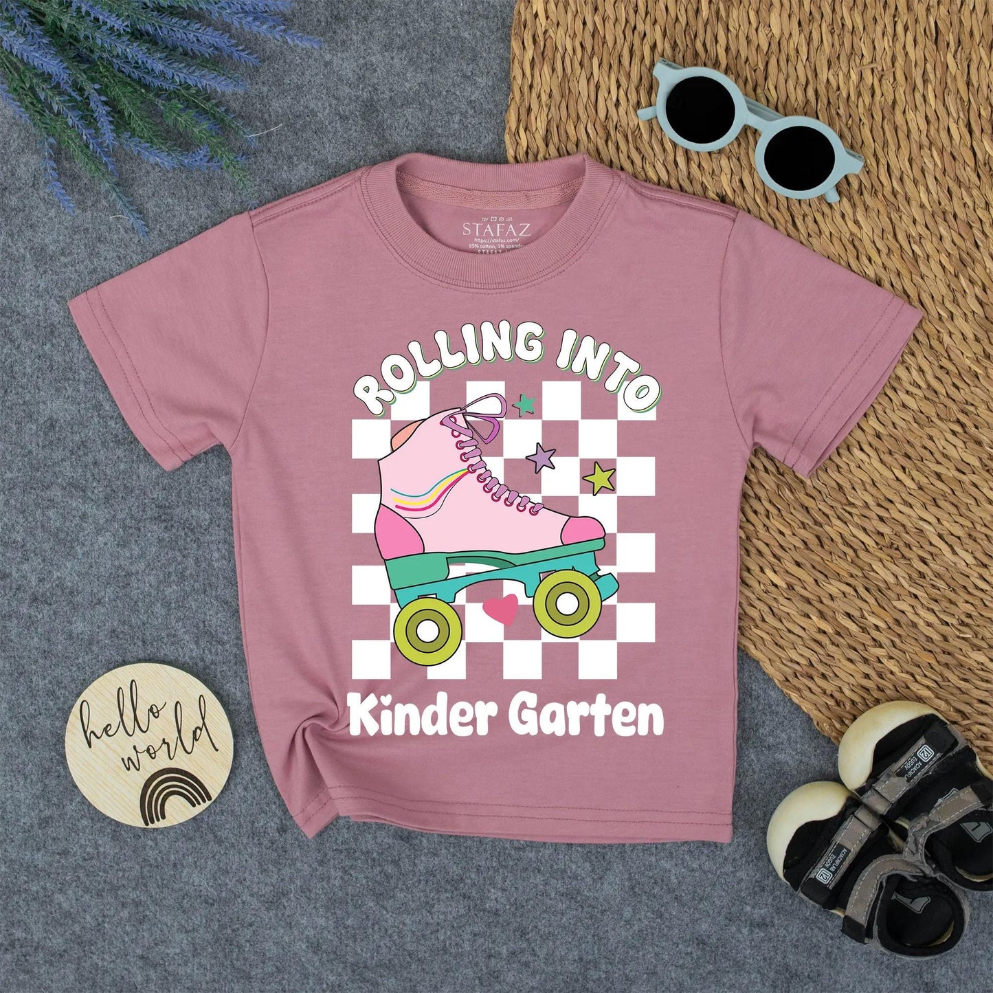 Rolling Into Kindergarten Girl Shirt Retro Roller Skate Tee Toddler Outfit First Day of School Pink Teal Rainbow Stripes 140 chars