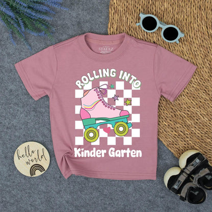 Rolling Into Kindergarten Girl Shirt Retro Roller Skate Tee Toddler Outfit First Day of School Pink Teal Rainbow Stripes 140 chars