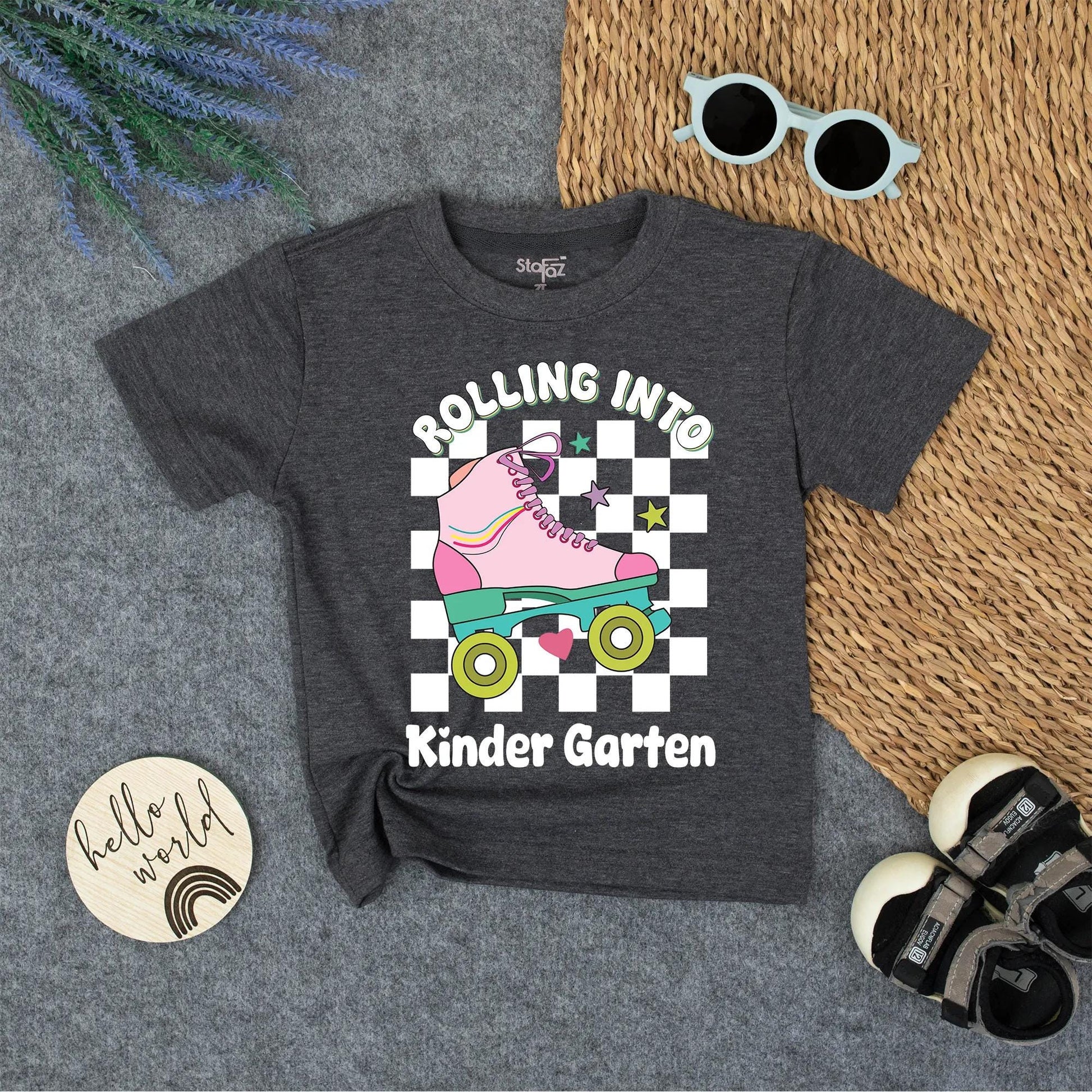 Rolling Into Kindergarten Girl Shirt Retro Roller Skate Tee Toddler Outfit First Day of School Pink Teal Rainbow Stripes 140 chars