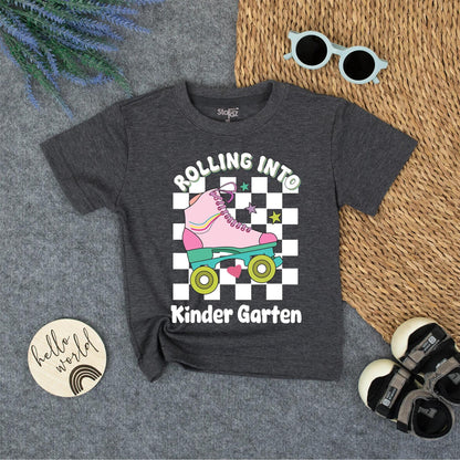 Rolling Into Kindergarten Girl Shirt Retro Roller Skate Tee Toddler Outfit First Day of School Pink Teal Rainbow Stripes 140 chars