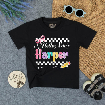 Personalized Back to School Shirt Hello I'm Name Tee, Cute First Day Outfit for Girls, Custom Preschool Top with Checkerboard & Stars (135 chars)