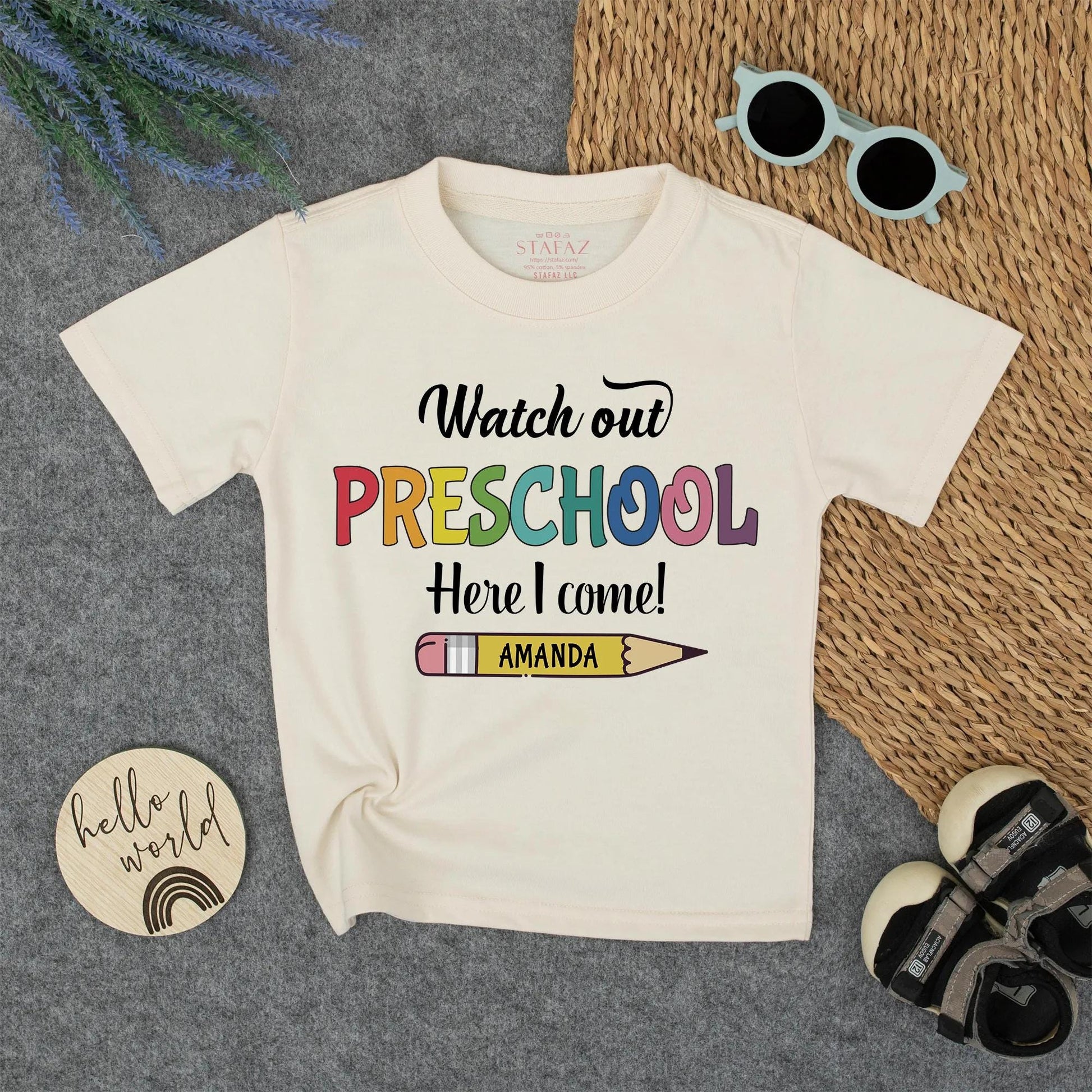 Watch Out Preschool, Here I Come! Shirt Personalized Pencil Back to School Tee First Day Outfit, Rainbow Pre-K Toddler, Custom Name Gift, Kids Clothes