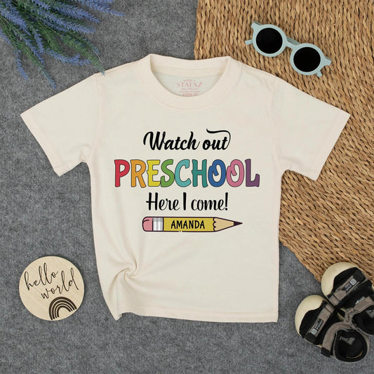 Watch Out Preschool, Here I Come! Shirt Personalized Pencil Back to School Tee First Day Outfit, Rainbow Pre-K Toddler, Custom Name Gift, Kids Clothes